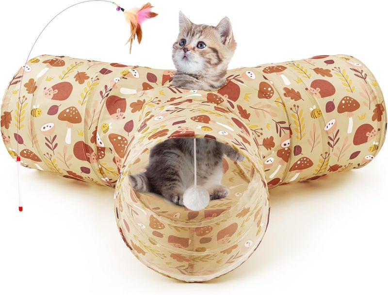 Tempcore Store Pet Cat Tunnel Tube Cat Toys 3 Way Collapsible, Cat Tunnels for Indoor Cats，Kitty Tunnel Bored Pet Toys Peek Hole Toy Ball Puppy, Kitty, Kitten, Rabbit Khaki Hedgehog - Image 1