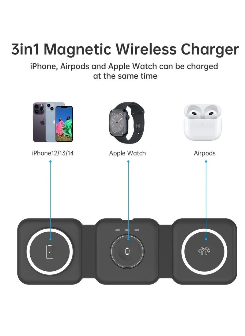 Wireless Charger 3 in 1 Magnetic Foldable Charging Station – Fast Wireless Charging Pad for iPhone, Apple Watch, and AirPods – Universal Qi-Compatible Foldable Dock for Android and iOS Devices – Travel-Friendly Multicolour Design