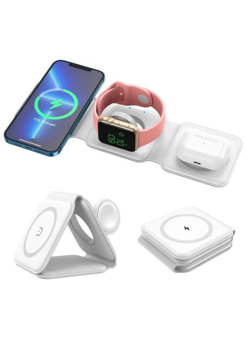 Wireless Charger 3 in 1 Magnetic Foldable Charging Station – Fast Wireless Charging Pad for iPhone, Apple Watch, and AirPods – Universal Qi-Compatible Foldable Dock for Android and iOS Devices – Travel-Friendly Multicolour Design