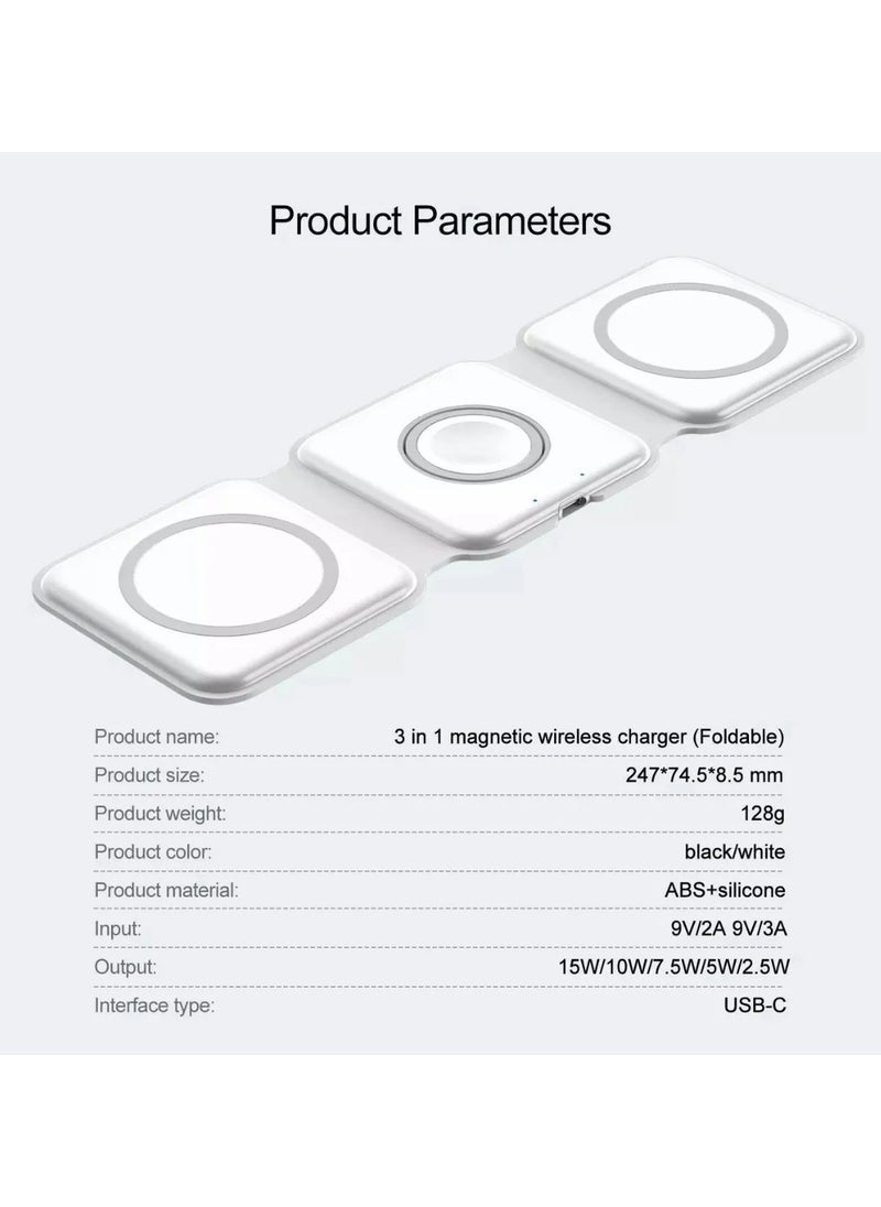 Wireless Charger 3 in 1 Magnetic Foldable Charging Station – Fast Wireless Charging Pad for iPhone, Apple Watch, and AirPods – Universal Qi-Compatible Foldable Dock for Android and iOS Devices – Travel-Friendly Multicolour Design