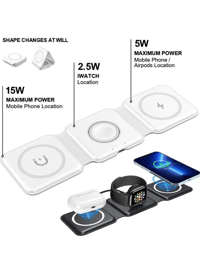 Wireless Charger 3 in 1 Magnetic Foldable Charging Station – Fast Wireless Charging Pad for iPhone, Apple Watch, and AirPods – Universal Qi-Compatible Foldable Dock for Android and iOS Devices – Travel-Friendly Multicolour Design