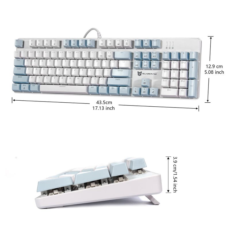 Qisan Mechanical Gaming Keyboard Computer Keyboard Wired Ice Blue Led Backlit Brown Switch Full Size 104 Keys US Layout-Blue and White - Image 2