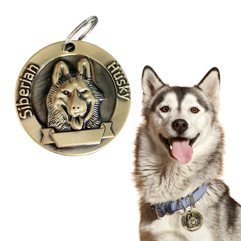 Western Era Siberian Husky Bronze Tag with Dog Face Engraved – Durable Metal Pet ID Tag, Stylish, Sturdy, Long-Lasting, Scratch-Resistant, Lightweight, Attach to Dog Collar for Added Style & Security - Image 1