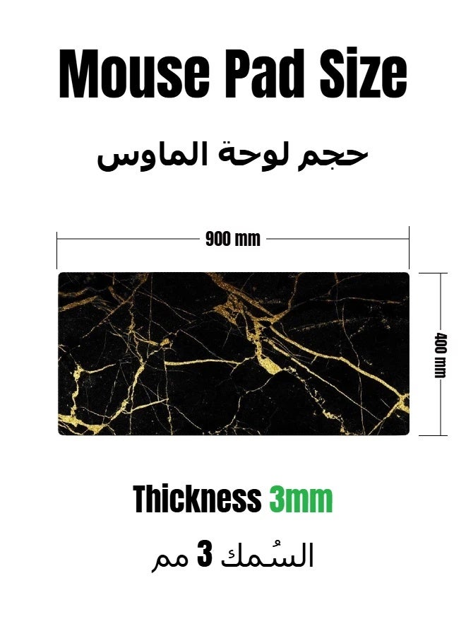 Black Gold Marble Large Gaming Mouse Pad 900×400mm, Non-Slip Rubber Base With Stitched Edges, Desk Keyboard Mat - Image 2