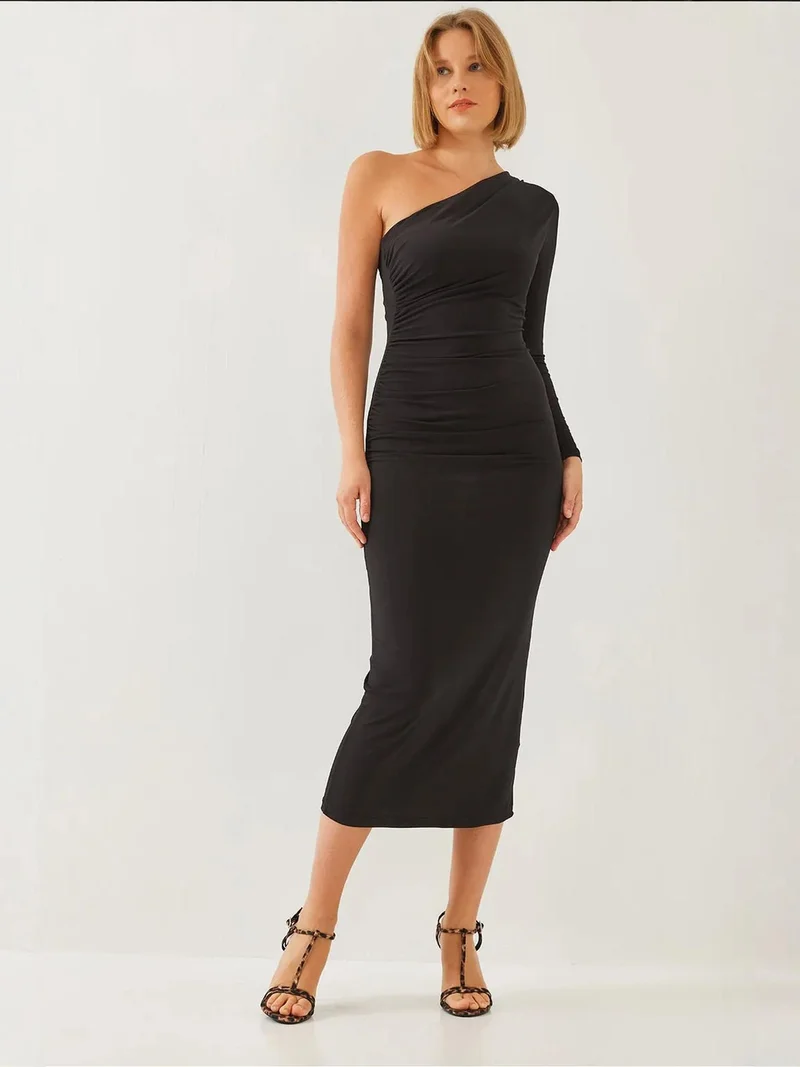 Bianco Lucci LUCCI Asymmetrical Collar Ruched Midi Dress