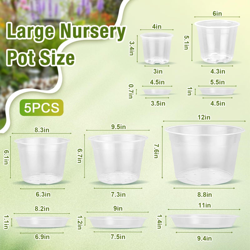 FUOAUYK 12/10/8/6/4 Inch Clear Nursery Pots with Drainage and Saucers, 20 Pack Large Clear Plastic Nursery Pots for Plants, Seedling Plant Pots for Repotting and Growing Plants, Flowers & Vegetables - Image 2