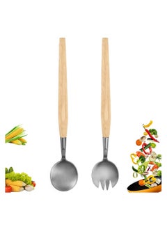 SYOSI 2 Pcs Salad Servers Set, Long Handle Salad Mixing Dinner Fork and Spoon Tableware Cutlery Set Kitchen Utensil Salad Spoon with Wooden Handle for Fruits Parties Meals  - Image 1
