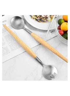 SYOSI 2 Pcs Salad Servers Set, Long Handle Salad Mixing Dinner Fork and Spoon Tableware Cutlery Set Kitchen Utensil Salad Spoon with Wooden Handle for Fruits Parties Meals  - Image 2