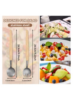 SYOSI 2 Pcs Salad Servers Set, Long Handle Salad Mixing Dinner Fork and Spoon Tableware Cutlery Set Kitchen Utensil Salad Spoon with Wooden Handle for Fruits Parties Meals  - Image 4