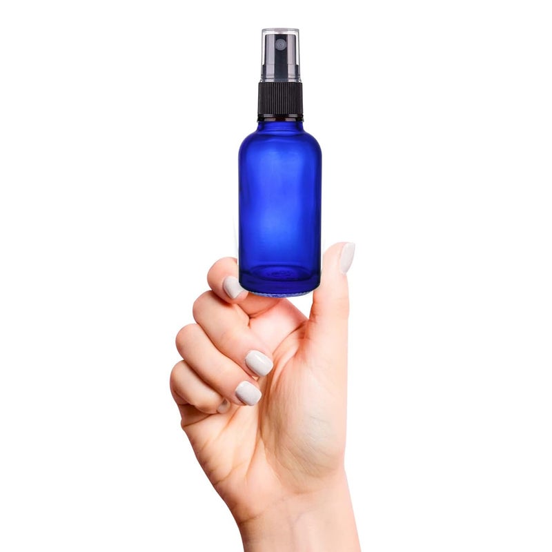 Devinez Pack of 4 Multipurpose Refillable Blue Color Round Glass Bottle 15 ml with Black Spray Pump for Cosmetics Serum Essential Oils Blends Skin Care Travel Toners DIY - Image 2