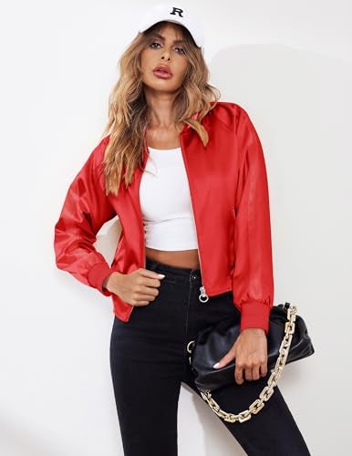 Zeagoo Halloween Jackets for Women Striped Biker Jacket Zip Up Fashion Bomber Jacket Coat Pure Red Large - Image 3