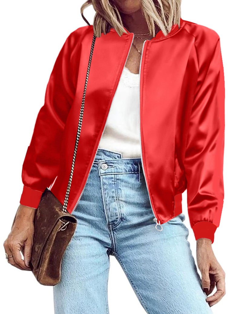 Zeagoo Halloween Jackets for Women Striped Biker Jacket Zip Up Fashion Bomber Jacket Coat Pure Red Large - Image 2