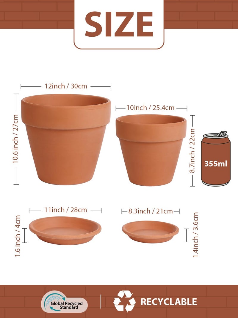 INGOFIN Terracotta Pot with Saucer 10&12 Inch - Ceramic Clay Pot for Plants with Drainage Hole, Large Terra Cotta Flower Planter with Tray for Indoor Outdoor Plants - Image 2