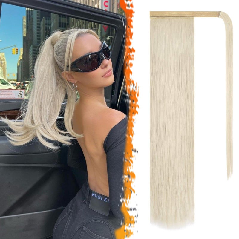 BARSDAR Ivory White Straight Wrap Ponytail Extension  20 Inch Long Straight Wrap Around Ponytails for Women Synthetic Clip in Ponytail Hair Extensions Blonde Pony Tails Hairpieces Daily