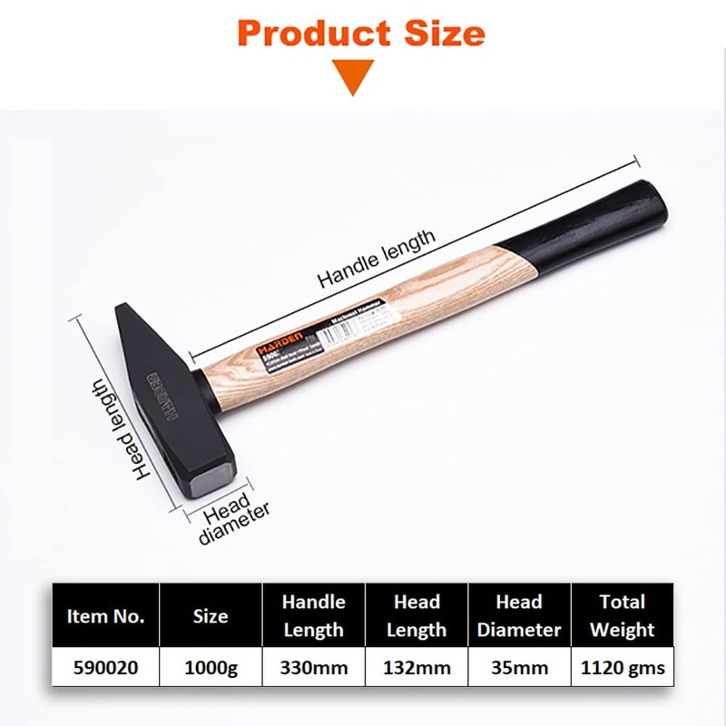 Harden 1000 grams 1KG Professional Machinist Hammer With Wood Handle Forged Carbon Steel Head 590020 - Image 2
