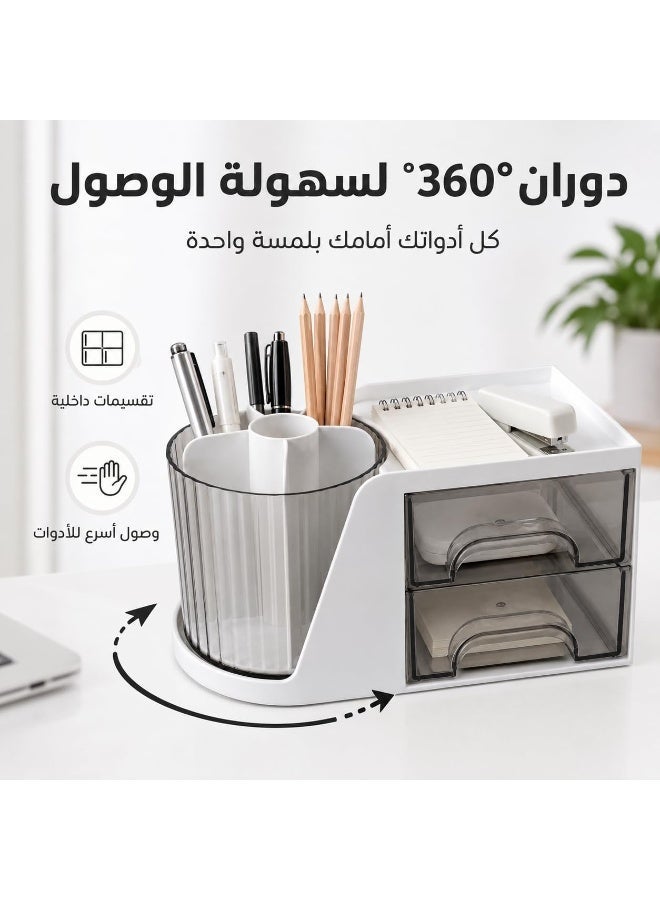 منظم مكتب 3 في 1 دوار 360 درجة مع حامل أقلام متعدد الأقسام ودرجين شفافين وصينية علوية، منظم أدوات مكتبية للأقلام والملاحظات والإكسسوارات للمكتب والدراسة - Image 5
