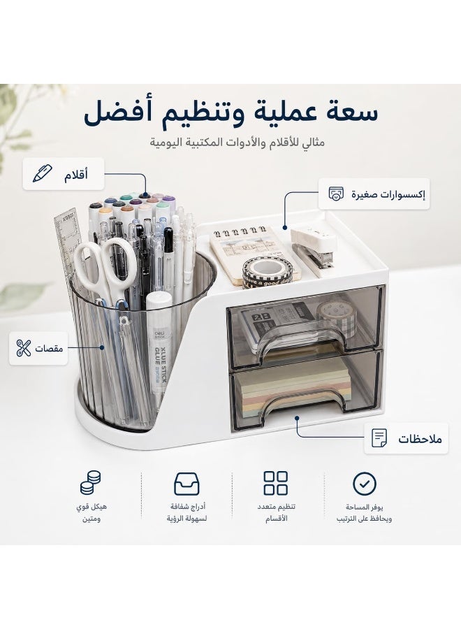 منظم مكتب 3 في 1 دوار 360 درجة مع حامل أقلام متعدد الأقسام ودرجين شفافين وصينية علوية، منظم أدوات مكتبية للأقلام والملاحظات والإكسسوارات للمكتب والدراسة - Image 3