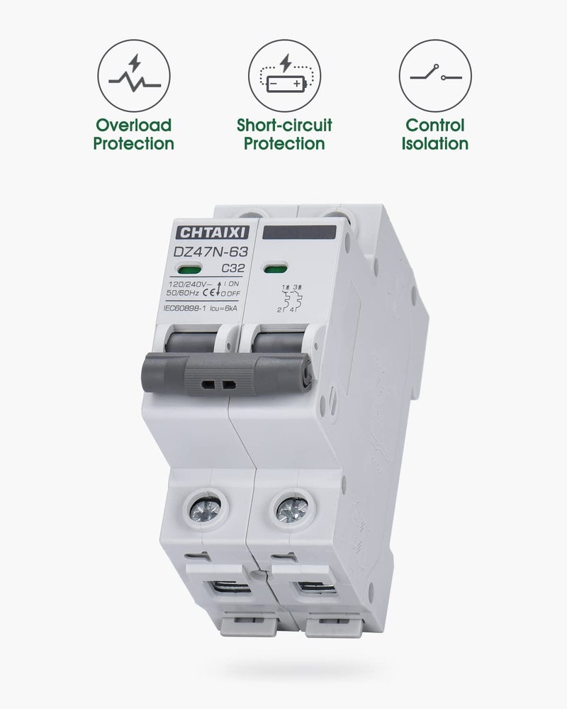 Chtaixi AC Miniature Circuit Breaker, 32 Amp 120V/240V 2 Pole DIN Rail Mount Circuit Breaker, Thermal Magnetic Trip, Solar AC Disconnect Switch MCB C32 - Image 3
