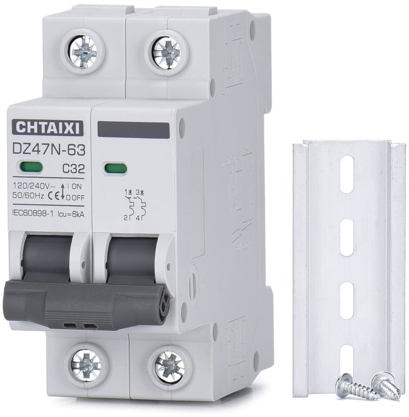 Chtaixi AC Miniature Circuit Breaker, 32 Amp 120V/240V 2 Pole DIN Rail Mount Circuit Breaker, Thermal Magnetic Trip, Solar AC Disconnect Switch MCB C32 - Image 1