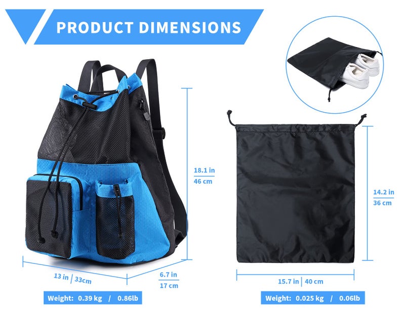 Lohol Large Mesh Drawstring Backpack with Shoe Bag, Durable Swimming String Sack with Handle for Sports Gym Yoga Beach Travel (Blue) - Image 3