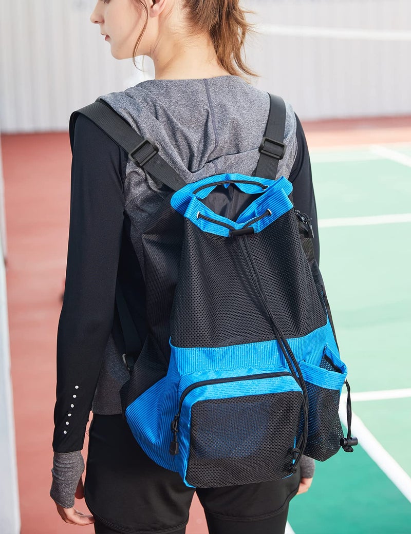 Lohol Large Mesh Drawstring Backpack with Shoe Bag, Durable Swimming String Sack with Handle for Sports Gym Yoga Beach Travel (Blue) - Image 2