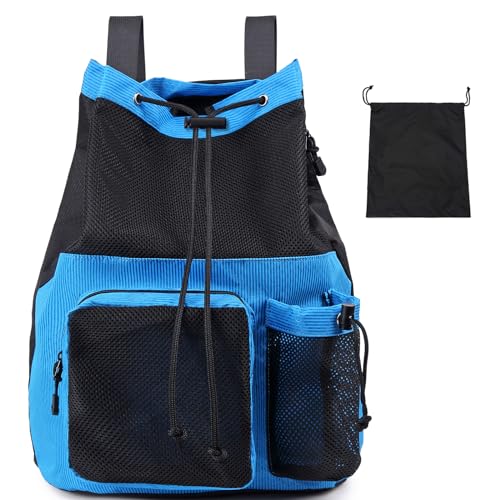 Lohol Large Mesh Drawstring Backpack with Shoe Bag, Durable Swimming String Sack with Handle for Sports Gym Yoga Beach Travel (Blue) - Image 1