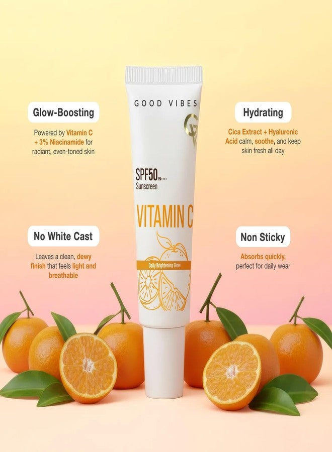 Good Vibes Vitamin C SPF 50 PA++++ Sunscreen | Brightening & Hydrating | 3% Niacinamide + Hyaluronic Acid | No White Cast, Lightweight & Non-Sticky | Daily Glow Sun Protection For All Skin Types - 50 gm - Image 2
