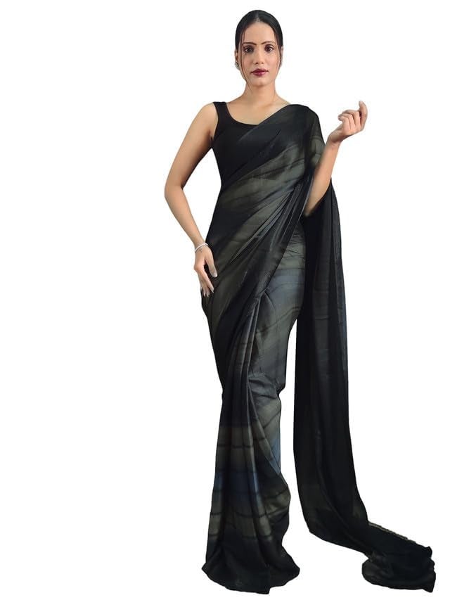 Satrani Women's Georgette Printed & Ready To Wear Saree with Unstitched Blouse Piece (3374S364NA_Baige &Sea Blue &Black3) - Image 2