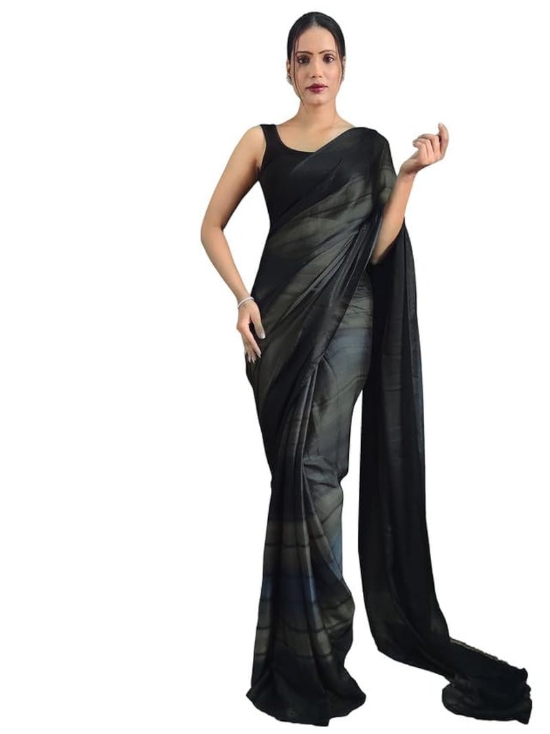 Satrani Women's Georgette Printed & Ready To Wear Saree with Unstitched Blouse Piece (3374S364NA_Baige &Sea Blue &Black3) - Image 1