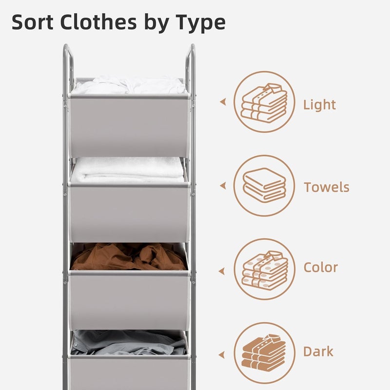 STORAGE MANIAC Vertical Rolling Laundry Hamper, 4 Section Laundry Sorter with Wheels and 2 Breaks, 4-tier Laundry Baskets for Small Space, Dorm, Laundry Room, Closet, Bathroom, Gray 4-tier - Image 4