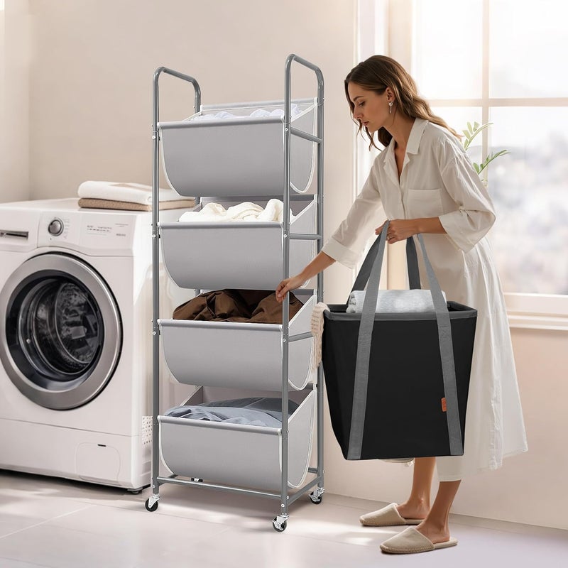 STORAGE MANIAC Vertical Rolling Laundry Hamper, 4 Section Laundry Sorter with Wheels and 2 Breaks, 4-tier Laundry Baskets for Small Space, Dorm, Laundry Room, Closet, Bathroom, Gray 4-tier - Image 1