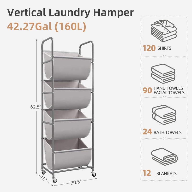STORAGE MANIAC Vertical Rolling Laundry Hamper, 4 Section Laundry Sorter with Wheels and 2 Breaks, 4-tier Laundry Baskets for Small Space, Dorm, Laundry Room, Closet, Bathroom, Gray 4-tier - Image 3