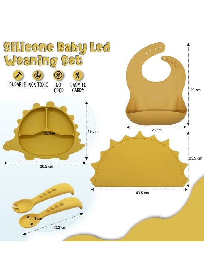 Fluffy Bear ™ Baby Feeding Set Food Grade Silicone ; Placemat Suction Plate Silicone Spoon Fork Adjustable Bib 5Pcs Kids Tableware Kit Microwave Safe Non Toxic Bpa Free Gift Set (Dino)  - Image 3