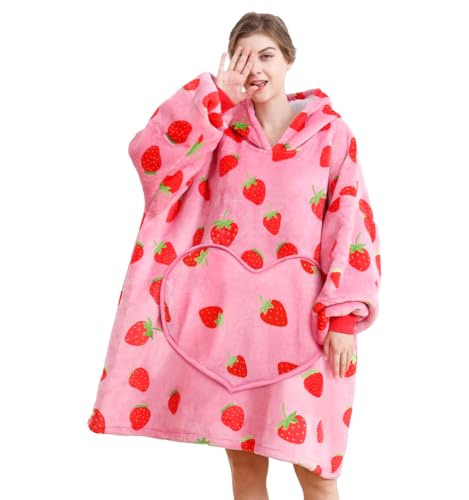 Dietersler Wearable Blanket Hoodies For Women, Oversized Cute Hoodie Blanket Warm Cozy Sweatshirt, Strawberry Shortcake Gifts for Women Teens Girl, One Size for All - Image 1