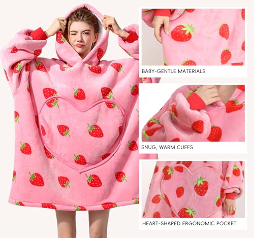 Dietersler Wearable Blanket Hoodies For Women, Oversized Cute Hoodie Blanket Warm Cozy Sweatshirt, Strawberry Shortcake Gifts for Women Teens Girl, One Size for All - Image 2