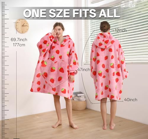 Dietersler Wearable Blanket Hoodies For Women, Oversized Cute Hoodie Blanket Warm Cozy Sweatshirt, Strawberry Shortcake Gifts for Women Teens Girl, One Size for All - Image 3