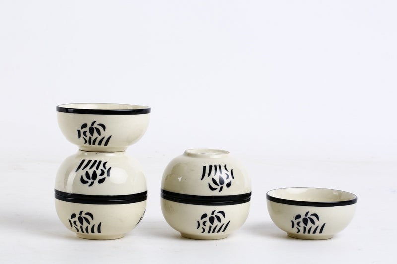 Caffeine Ceramic Handmade Glossy White & Black Dessert Bowl (Set of 6, 150 ml) - Image 3