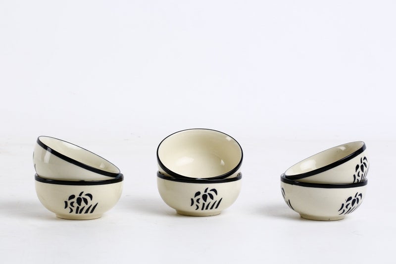 Caffeine Ceramic Handmade Glossy White & Black Dessert Bowl (Set of 6, 150 ml) - Image 1