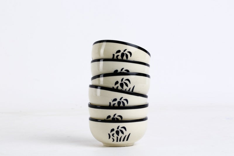 Caffeine Ceramic Handmade Glossy White & Black Dessert Bowl (Set of 6, 150 ml) - Image 2