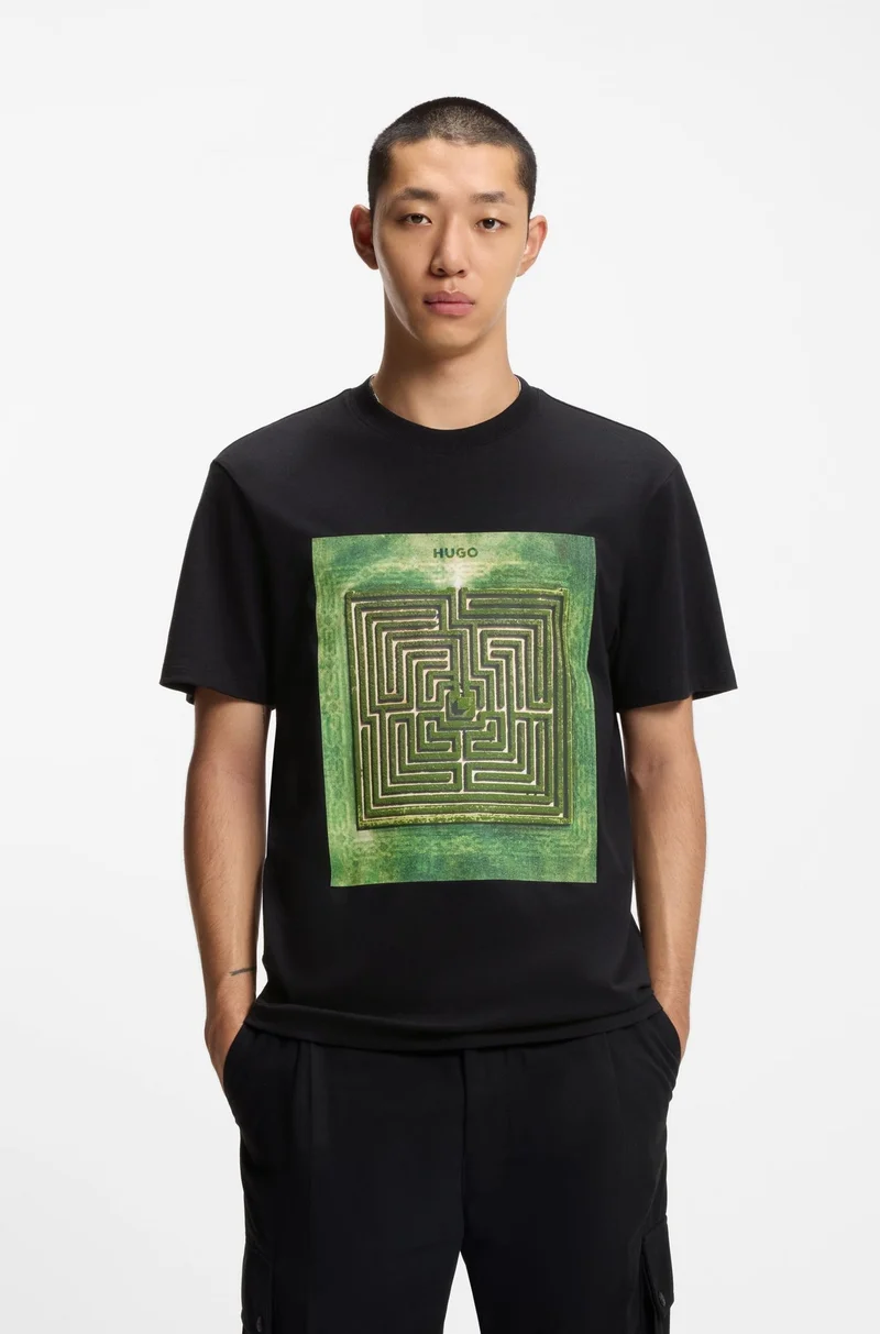 HUGO Cotton-jersey T-shirt with maze print
