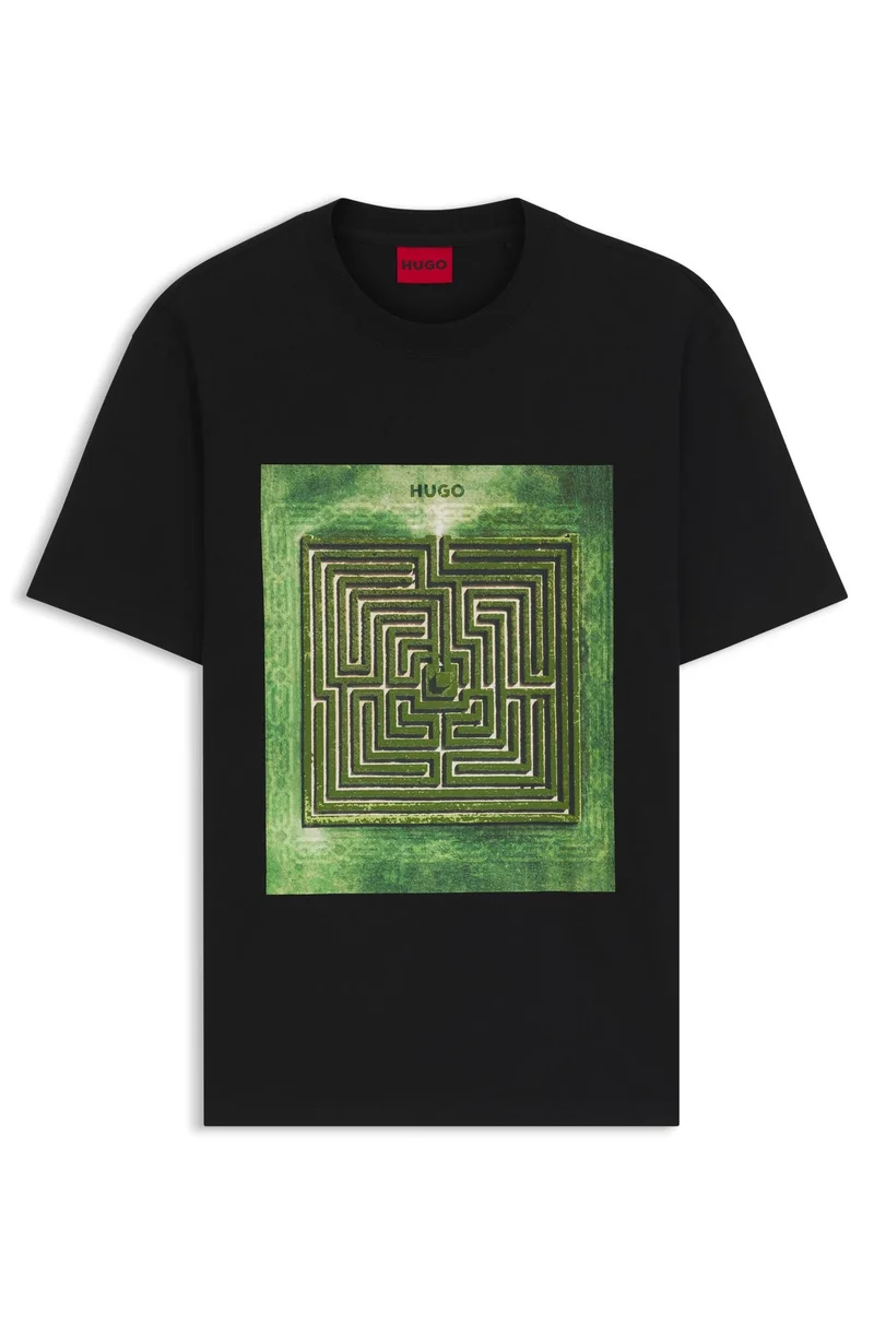 HUGO Black Cotton-jersey T-shirt with maze print for Men | Best Price UAE