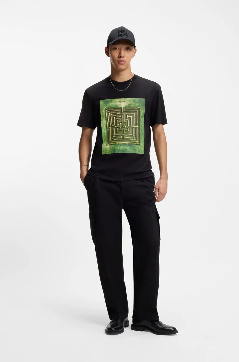HUGO Black Cotton-jersey T-shirt with maze print for Men | Best Price UAE