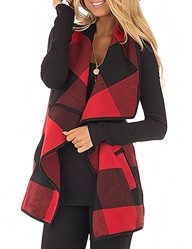 Unidear Womens buffalo Plaid Vest Casual Lapel Open Front Sleeveless Cardigan Jacket Coat Outfits with Pockets Red and Black XXL - Image 1
