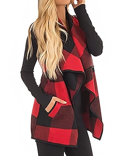 Unidear Womens buffalo Plaid Vest Casual Lapel Open Front Sleeveless Cardigan Jacket Coat Outfits with Pockets Red and Black XXL - Image 4