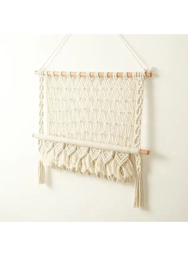 Ivory Macrame Wall Hanging Handwoven Acrylic Storage Organizer Fringe Decor Living Room Bedroom - Image 3