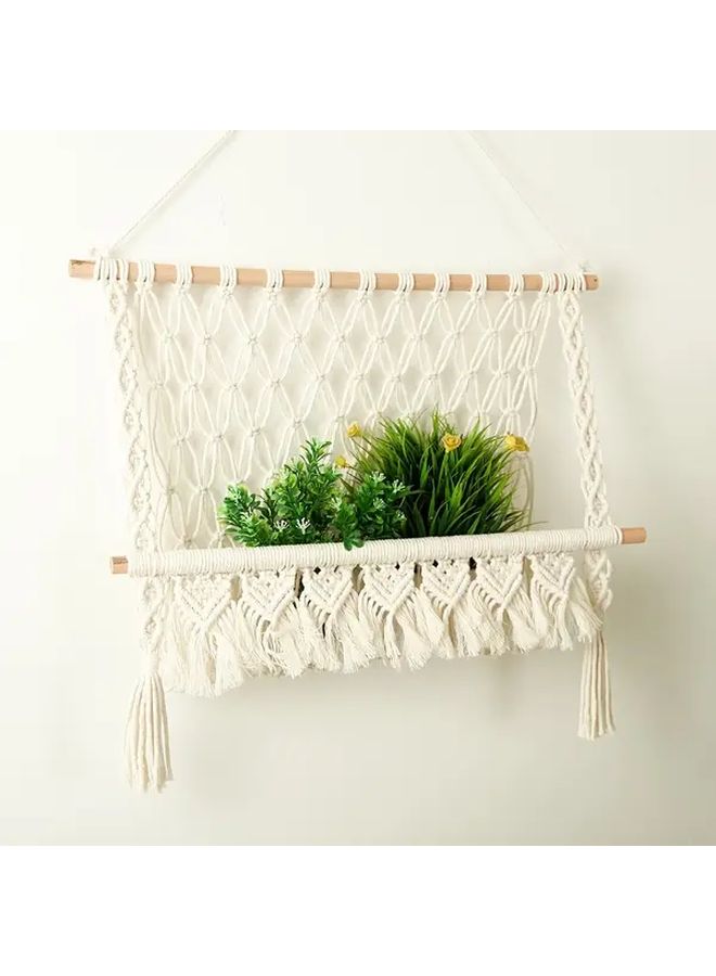 Ivory Macrame Wall Hanging Handwoven Acrylic Storage Organizer Fringe Decor Living Room Bedroom - Image 5