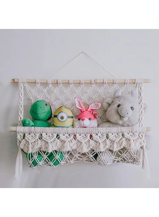 Ivory Macrame Wall Hanging Handwoven Acrylic Storage Organizer Fringe Decor Living Room Bedroom - Image 1