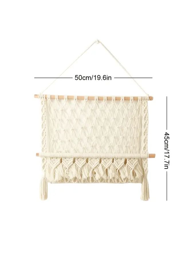 Ivory Macrame Wall Hanging Handwoven Acrylic Storage Organizer Fringe Decor Living Room Bedroom - Image 4