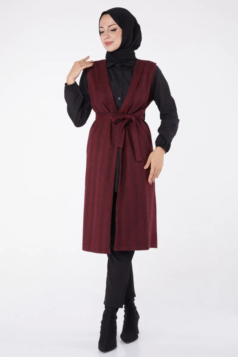 Tofisa Plain Medium Women's Burgundy Belted Vest - 13311