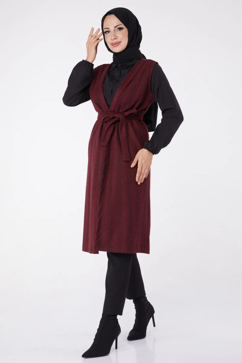 Tofisa Plain Medium Women's Burgundy Belted Vest - 13311